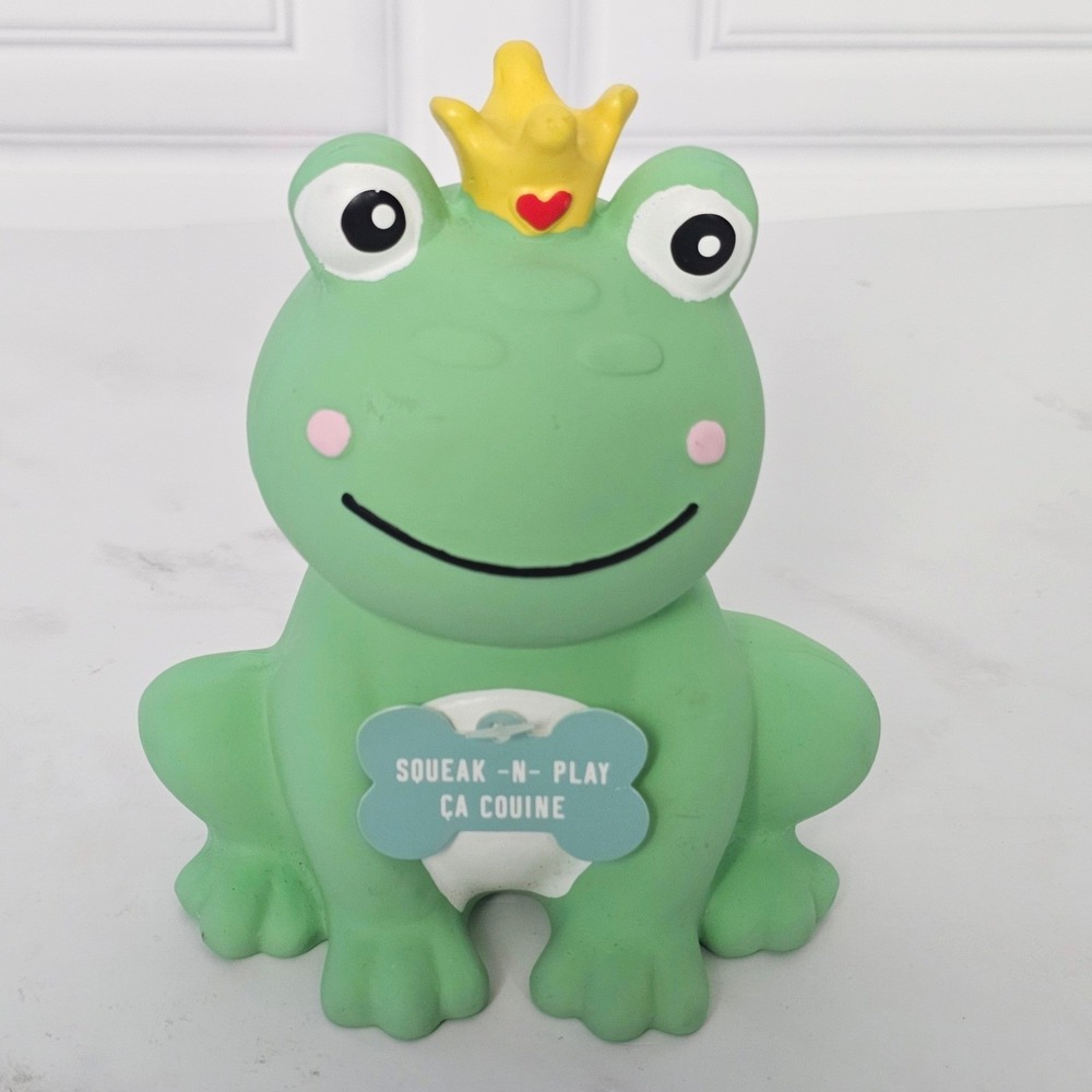 Fringe Frog Prince Latex Rubber Squeak Dog Toy Green Crown Heart Squeak-N-Play